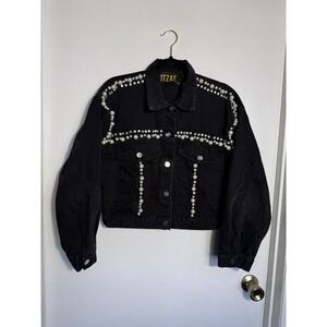 ITZAE Women's Black Denim Jacket S Cropped Pearl Rhinestone Beaded Western Y2K